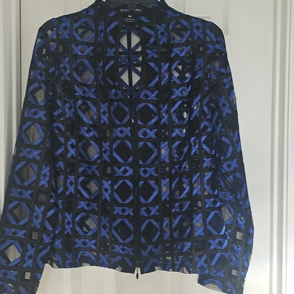 NWOT Becky & Bobby Mesh Geometric Lattice Blue Black Zip Up Jacket Medium